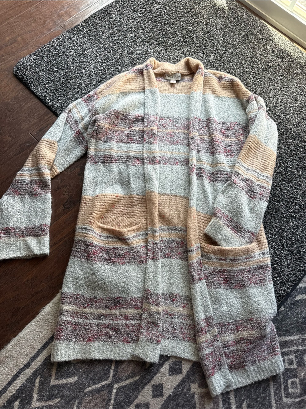 Knox Rose Striped Open-Front Cardigan in Cream, Tan and Burgundy